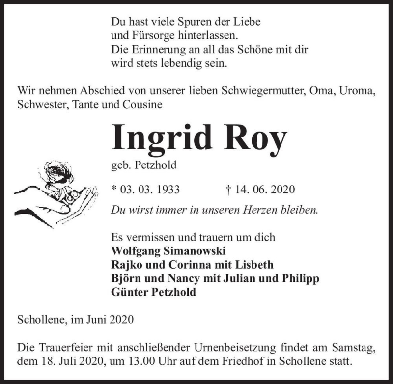  Traueranzeige für Ingrid Roy (geb. Petzhold)  vom 25.06.2020 aus Magdeburger Volksstimme