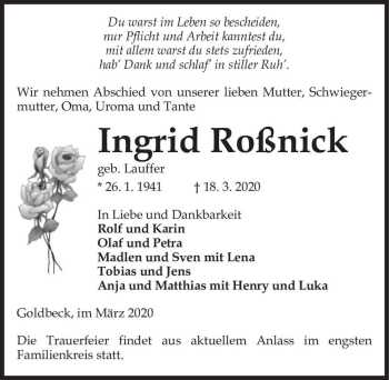Traueranzeige von Ingrid Roßnick (geb. Lauffer)  von Magdeburger Volksstimme