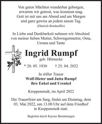 Traueranzeige von Ingrid Rumpf (geb. Hörnecke)  von Magdeburger Volksstimme