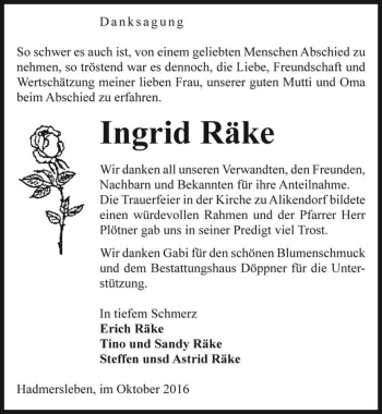 Traueranzeige von Ingrid Räke  von Magdeburger Volksstimme
