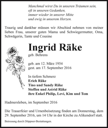 Traueranzeige von Ingrid Räke (geb. Behrens)  von Magdeburger Volksstimme
