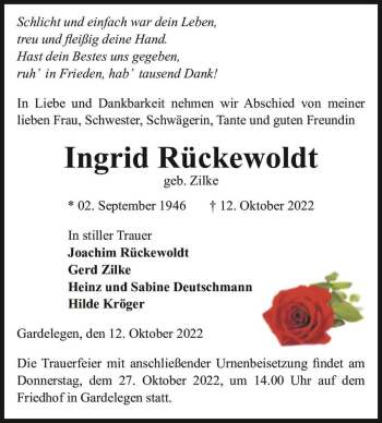 Traueranzeige von Ingrid Rückewoldt (geb. Zilke)  von Magdeburger Volksstimme