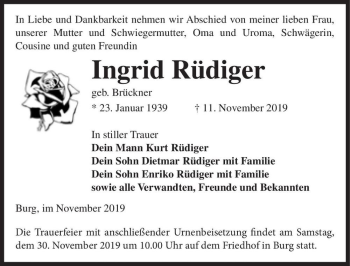 Traueranzeige von Ingrid Rüdiger (geb. Brückner)  von Magdeburger Volksstimme