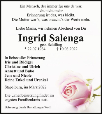 Traueranzeige von Ingrid Salenga (geb. Schilling)  von Magdeburger Volksstimme