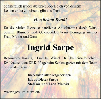 Traueranzeige von Ingrid Sarpe  von Magdeburger Volksstimme