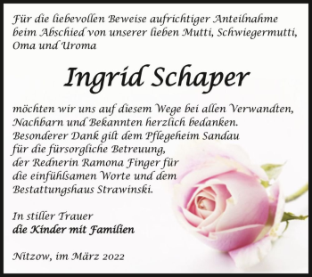 Traueranzeige von Ingrid Schaper  von Magdeburger Volksstimme
