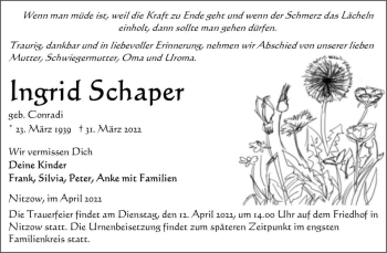 Traueranzeige von Ingrid Schaper (geb. Conradi)  von Magdeburger Volksstimme
