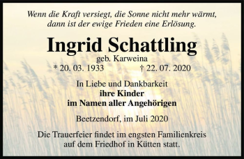 Traueranzeige von Ingrid Schattling (geb. Karweina)  von Magdeburger Volksstimme