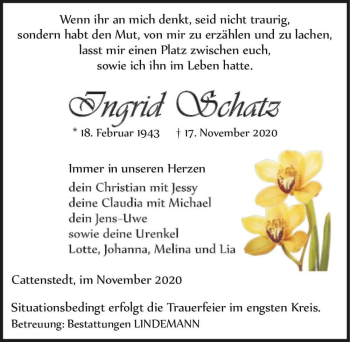 Traueranzeige von Ingrid Schatz  von Magdeburger Volksstimme