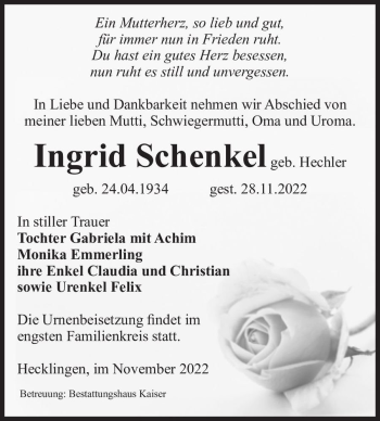 Traueranzeige von Ingrid Schenkel (geb. Hechler)  von Magdeburger Volksstimme