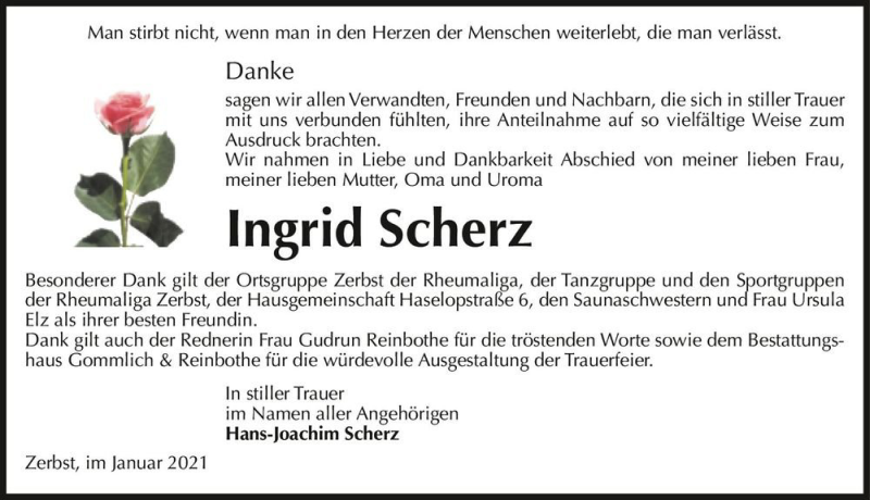  Traueranzeige für Ingrid Scherz  vom 23.01.2021 aus Magdeburger Volksstimme