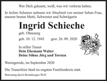 Traueranzeige von Ingrid Schieche (geb. Ohnesorg)  von Magdeburger Volksstimme