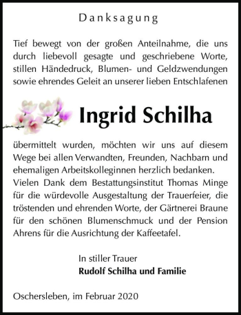 Traueranzeige von Ingrid Schilha  von Magdeburger Volksstimme