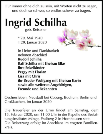Traueranzeige von Ingrid Schilha (geb. Reisener)  von Magdeburger Volksstimme