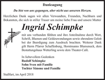 Traueranzeige von Ingrid Schimpke  von Magdeburger Volksstimme
