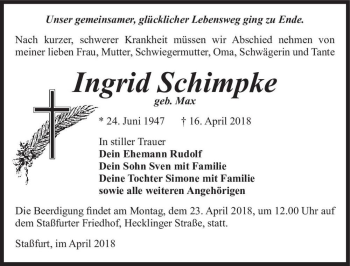 Traueranzeige von Ingrid Schimpke (geb. Max)  von Magdeburger Volksstimme