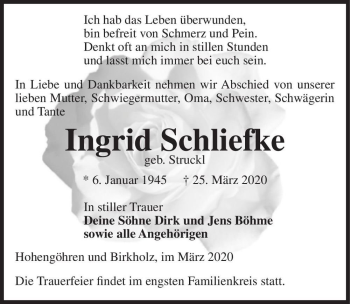 Traueranzeige von Ingrid Schliefke (geb. Struckl)  von Magdeburger Volksstimme