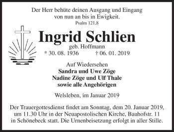 Traueranzeige von Ingrid Schlien (geb. Hoffmann)  von Magdeburger Volksstimme
