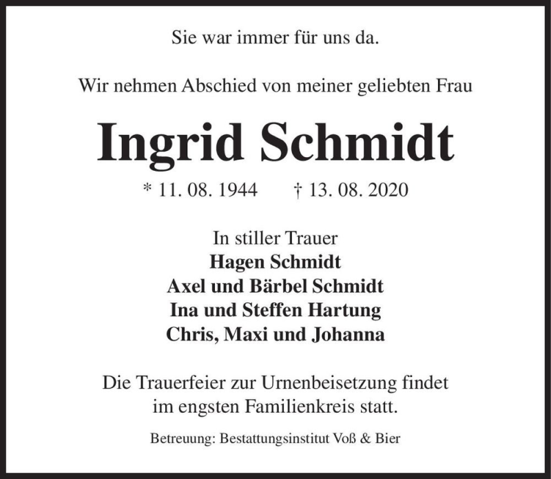  Traueranzeige für Ingrid Schmidt  vom 22.08.2020 aus Magdeburger Volksstimme