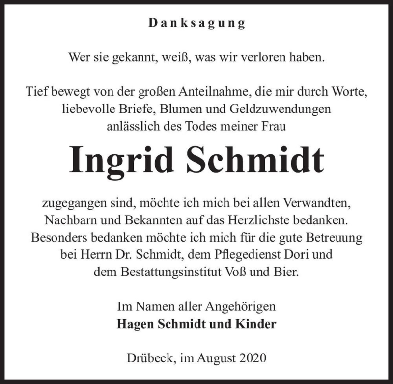  Traueranzeige für Ingrid Schmidt  vom 12.09.2020 aus Magdeburger Volksstimme