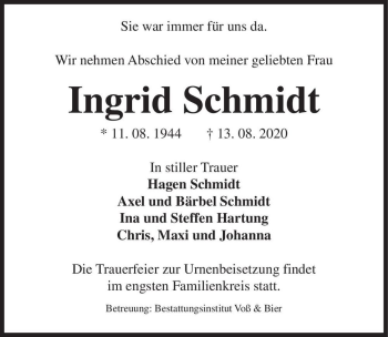 Traueranzeige von Ingrid Schmidt  von Magdeburger Volksstimme