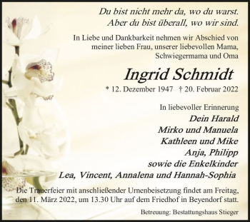 Traueranzeige von Ingrid Schmidt  von Magdeburger Volksstimme