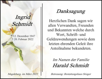 Traueranzeige von Ingrid Schmidt  von Magdeburger Volksstimme