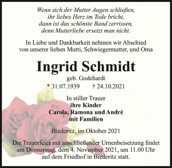 Traueranzeige von Ingrid Schmidt (geb. Godehardt)  von Magdeburger Volksstimme