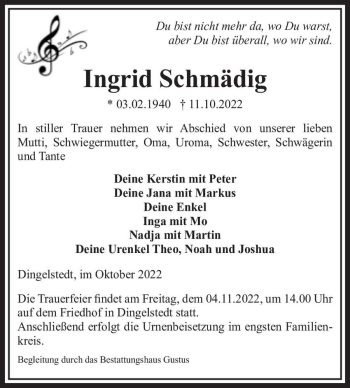 Traueranzeige von Ingrid Schmädig  von Magdeburger Volksstimme