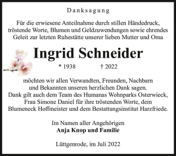 Traueranzeige von Ingrid Schneider  von Magdeburger Volksstimme
