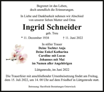 Traueranzeige von Ingrid Schneider (geb. Treu)  von Magdeburger Volksstimme