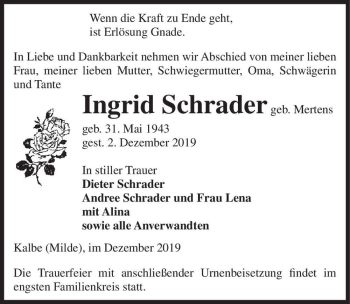 Traueranzeige von Ingrid Schrader (geb. Mertens)  von Magdeburger Volksstimme
