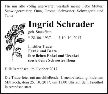 Traueranzeige von Ingrid Schrader (geb. Stackfleth)  von Magdeburger Volksstimme