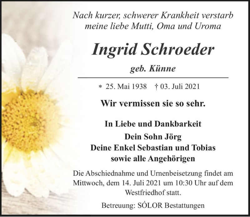  Traueranzeige für Ingrid Schroeder (geb. Künne)  vom 10.07.2021 aus Magdeburger Volksstimme