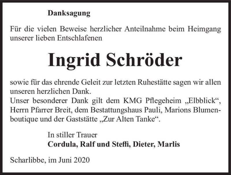 Traueranzeige für Ingrid Schröder  vom 04.07.2020 aus Magdeburger Volksstimme