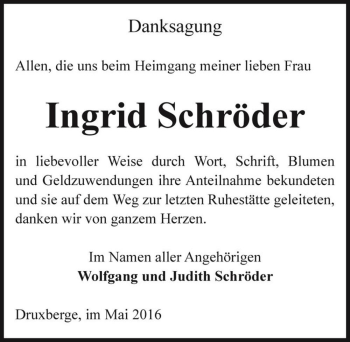 Traueranzeige von Ingrid Schröder  von Magdeburger Volksstimme