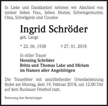 Traueranzeige von Ingrid Schröder (geb. Lange)  von Magdeburger Volksstimme