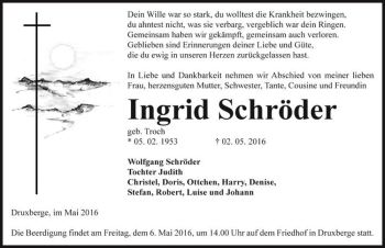 Traueranzeige von Ingrid Schröder (geb. Troch)  von Magdeburger Volksstimme