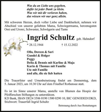 Traueranzeige von Ingrid Schultz (geb. Hahndorf)  von Magdeburger Volksstimme