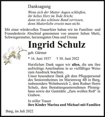 Traueranzeige von Ingrid Schulz (geb. Gärtner)  von Magdeburger Volksstimme
