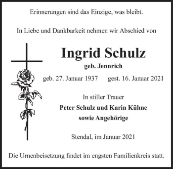 Traueranzeige von Ingrid Schulz (geb. Jennrich)  von Magdeburger Volksstimme