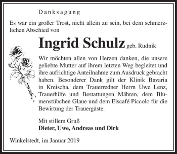 Traueranzeige von Ingrid Schulz (geb. Rudnik)  von Magdeburger Volksstimme