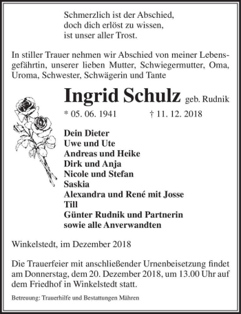 Traueranzeige von Ingrid Schulz (geb. Rudnik)  von Magdeburger Volksstimme