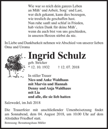 Traueranzeige von Ingrid Schulz (geb. Stricker)  von Magdeburger Volksstimme