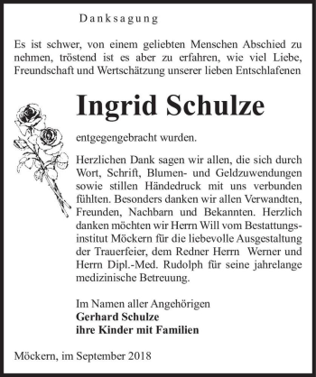 Traueranzeige von Ingrid Schulze  von Magdeburger Volksstimme