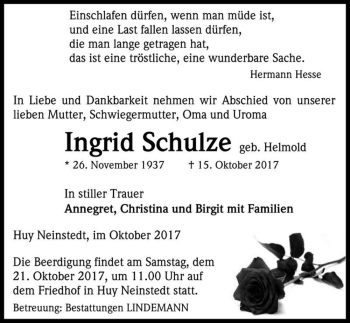 Traueranzeige von Ingrid Schulze (geb. Helmold)  von Magdeburger Volksstimme