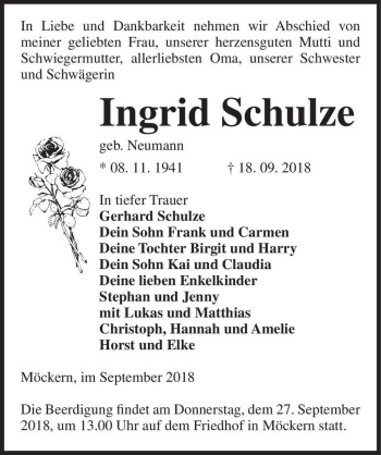 Traueranzeige von Ingrid Schulze (geb. Neumann)  von Magdeburger Volksstimme