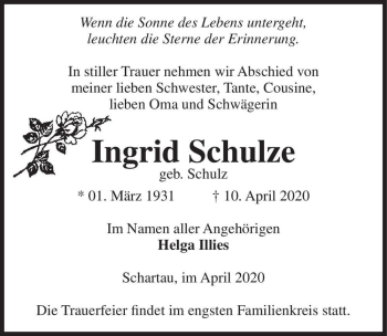 Traueranzeige von Ingrid Schulze (geb. Schulz)  von Magdeburger Volksstimme
