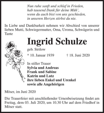 Traueranzeige von Ingrid Schulze (geb. Strilow)  von Magdeburger Volksstimme