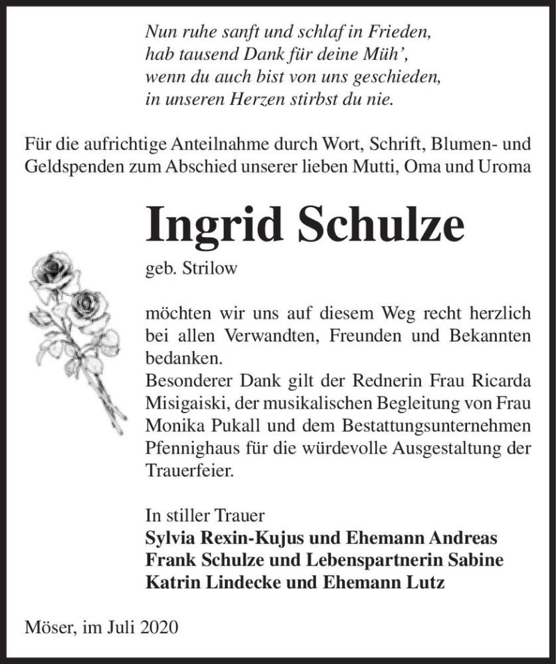  Traueranzeige für Ingrid Schulze (geb. Strilow)  vom 18.07.2020 aus Magdeburger Volksstimme